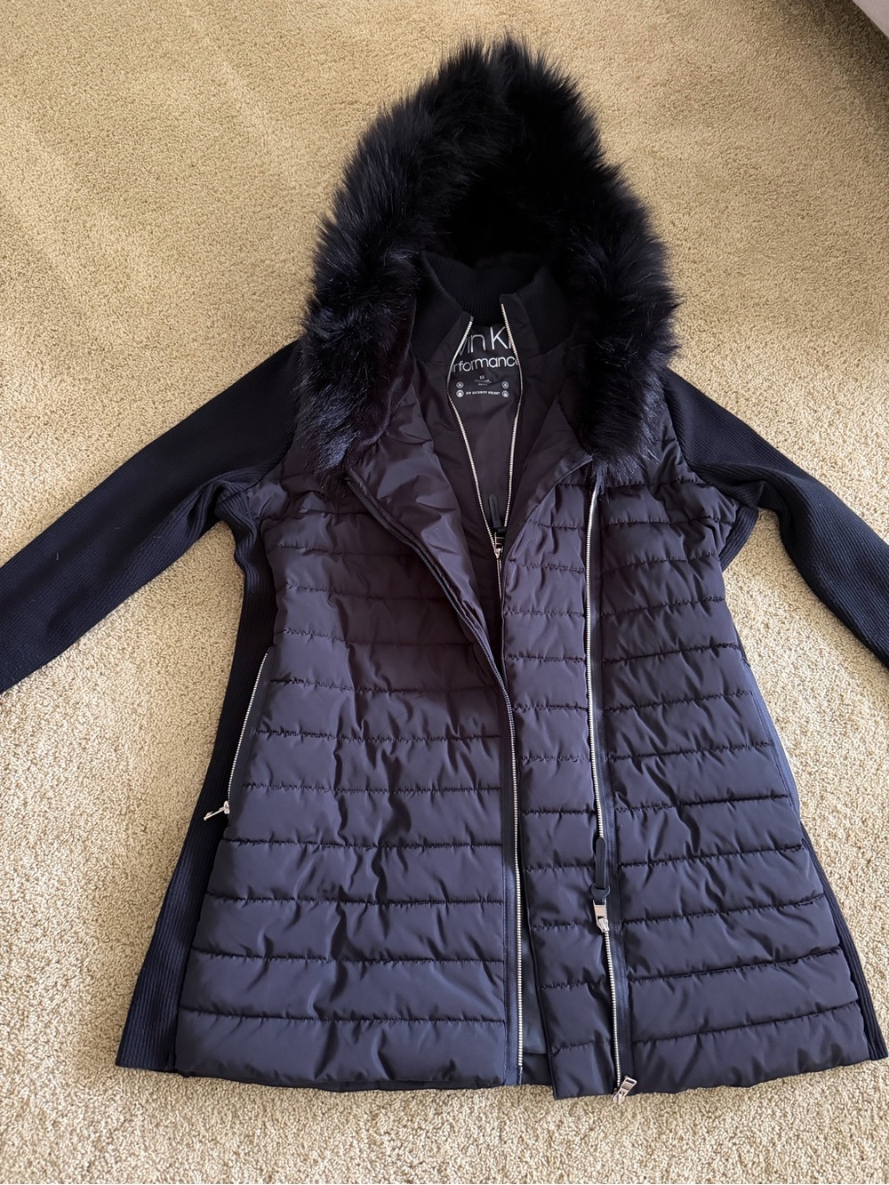 Calvin Klein Black Quilted Hooded Puffer Coat with Faux Fur Trim -size 1X